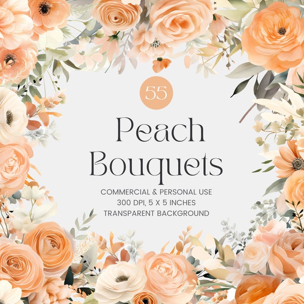 55 Peach Bouquet Flowers PNG, Watercolor Floral Clipart Bouquets, Elements, Premade Clipart, Commercial Use, Digital Clipart PNG - Flowers