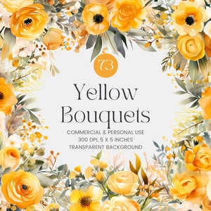 73 warme gele bloemen PNG, aquarel bloemen clipart boeketten, elementen, premade clipart, commercieel gebruik, digitale clipart PNG-bloemen