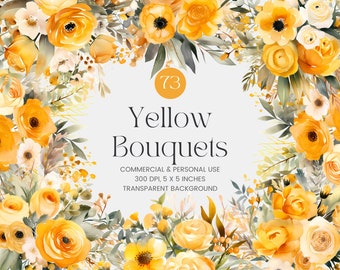 73 Warm Yellow Flowers PNG, Watercolor Floral Clipart Bouquets, Elements, Premade Clipart, Commercial Use, Digital Clipart PNG - Flowers