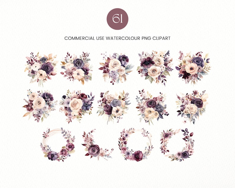 61 Plum and Beige Flowers PNG, Watercolor Floral Clipart Bouquets, Elements, Premade Clipart, Commercial Use, Digital Clipart PNG Flowers image 6