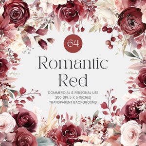 64 fleurs neutres rouges PNG, aquarelle Floral Clipart Bouquets, éléments, Premade Clipart, usage Commercial, Digital Clipart PNG - fleurs