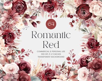 64 fleurs neutres rouges PNG, aquarelle Floral Clipart Bouquets, éléments, Premade Clipart, usage Commercial, Digital Clipart PNG - fleurs