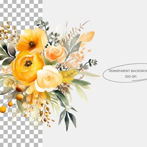 May include: A watercolor painting of a bouquet of yellow and orange flowers with green leaves. The flowers are arranged in a loose, flowing style, and the background is a soft, white.