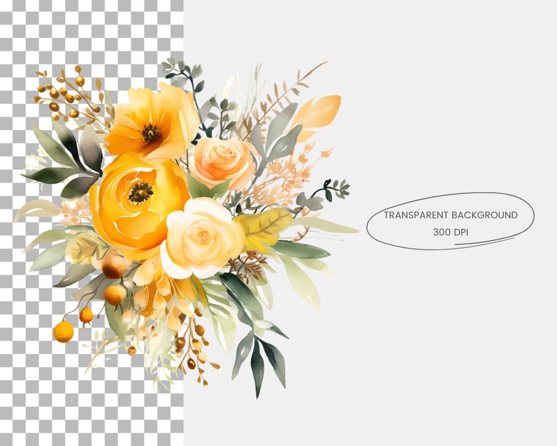 May include: A watercolor painting of a bouquet of yellow and orange flowers with green leaves. The flowers are arranged in a loose, flowing style, and the background is a soft, white.