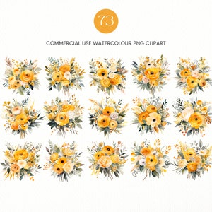 May include: A set of 18 watercolor illustrations of yellow flower bouquets. The bouquets are arranged in a grid pattern on a white background. The flowers are painted in a realistic style with delicate details.