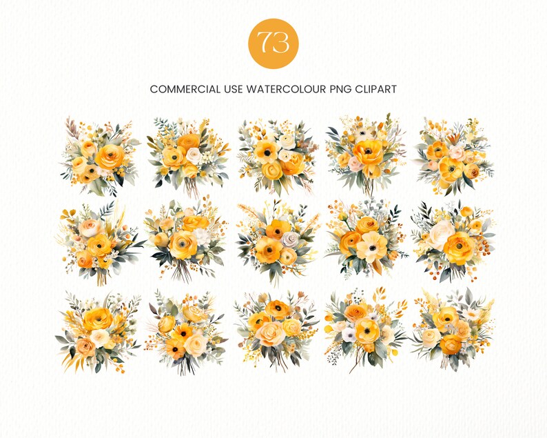 May include: A set of 18 watercolor illustrations of yellow flower bouquets. The bouquets are arranged in a grid pattern on a white background. The flowers are painted in a realistic style with delicate details.