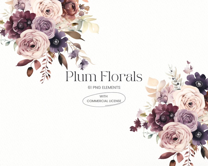 61 Plum and Beige Flowers PNG, Watercolor Floral Clipart Bouquets, Elements, Premade Clipart, Commercial Use, Digital Clipart PNG Flowers image 2