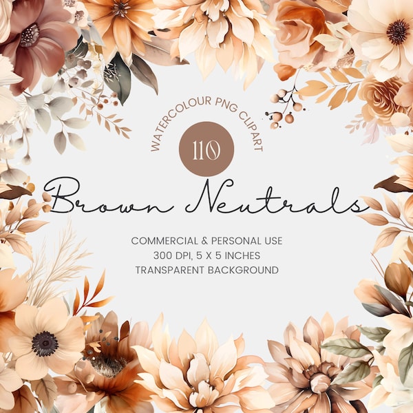 110 Brown Neutral Flowers PNG, Watercolor Floral Clipart Bouquets, Elements, Premade Clipart, Commercial Use, Digital Clipart PNG - Flowers