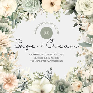 101 Sage Green & Cream Flowers PNG, Watercolor Floral Clipart Bouquets, Premade Clipart, Wedding Clipart, Commercial Use,Digital Clipart PNG