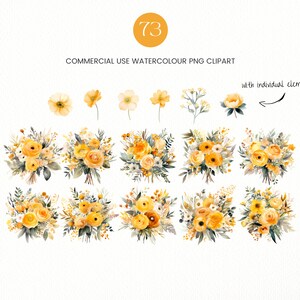 May include: 73 watercolor PNG clipart images of yellow and white flower bouquets with green leaves.  The images include individual flowers and leaves.