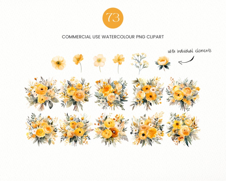 May include: 73 watercolor PNG clipart images of yellow and white flower bouquets with green leaves.  The images include individual flowers and leaves.
