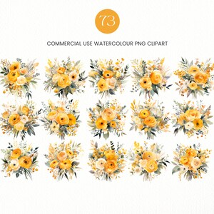 May include: A set of 12 watercolor illustrations of yellow and white flower bouquets. The bouquets are arranged in a grid pattern on a white background. The flowers are painted in a realistic style, with delicate details and soft colors.