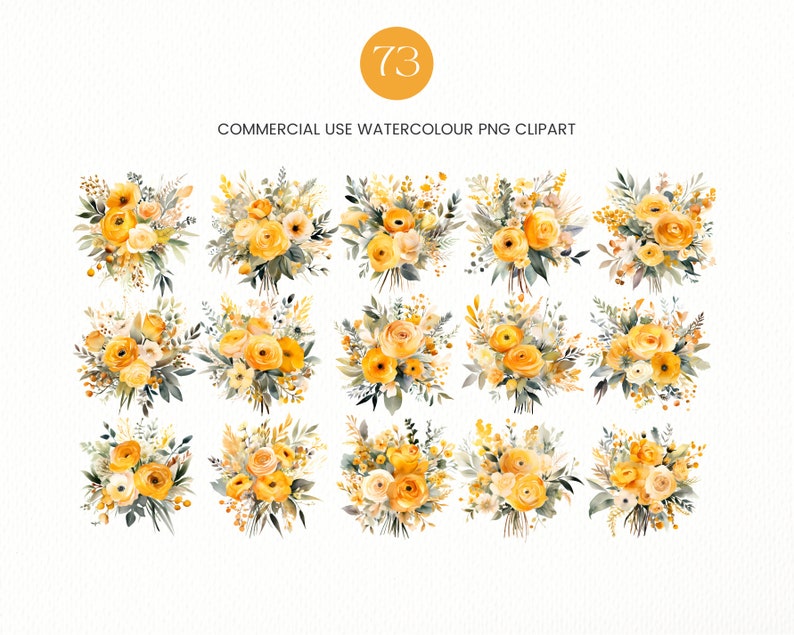 May include: A set of 12 watercolor illustrations of yellow and white flower bouquets. The bouquets are arranged in a grid pattern on a white background. The flowers are painted in a realistic style, with delicate details and soft colors.