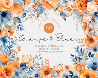 56 Orange and Blue Flowers PNG, Watercolor Floral Clipart Bouquets, Elements, Premade Clipart, Commercial Use, Digital Clipart PNG - Flowers