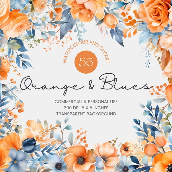 56 Orange and Blue Flowers PNG, Watercolor Floral Clipart Bouquets, Elements, Premade Clipart, Commercial Use, Digital Clipart PNG - Flowers