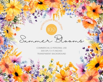 109 Summer Flowers PNG Clipart Seasonal Clipart, Watercolor Floral Clipart Bouquets, Premade Clipart, Commercial Use, Digital Clipart PNG