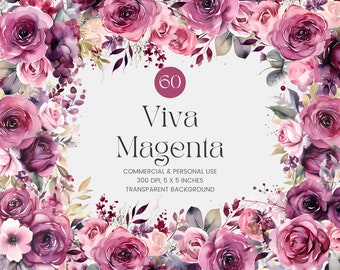 60 Magenta Purple Flowers PNG, Watercolor Floral Clipart Bouquets, Elements, Premade Clipart, Commercial Use, Digital Clipart PNG - Flowers