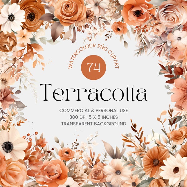 74 Terracotta Florals PNG, Watercolor Floral Clipart Bouquets, Boho Flowers, Premade Clipart, Commercial Use, Digital Clipart PNG - Flowers