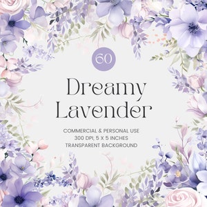 60 lavendel bloemen PNG, aquarel bloemen clipart boeketten, lavendel boeket, premade clipart, commercieel gebruik, paarse bloemen