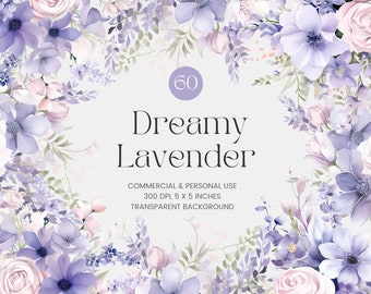 60 Lavender Flowers PNG, Watercolor Floral Clipart Bouquets, Lavender Bouquet, Premade Clipart, Commercial Use, Purple Flowers