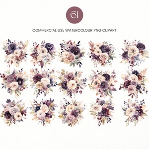 61 Plum and Beige Flowers PNG, Watercolor Floral Clipart Bouquets, Elements, Premade Clipart, Commercial Use, Digital Clipart PNG Flowers image 5