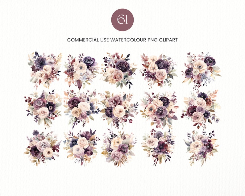 61 Plum and Beige Flowers PNG, Watercolor Floral Clipart Bouquets, Elements, Premade Clipart, Commercial Use, Digital Clipart PNG Flowers image 5