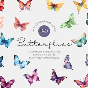 140 Akwarela Motyl, Motyl Clipart PNG, Kolorowy Motyl Clipart, Motyl Pakiet Ilustracje, Licencja Komercyjna