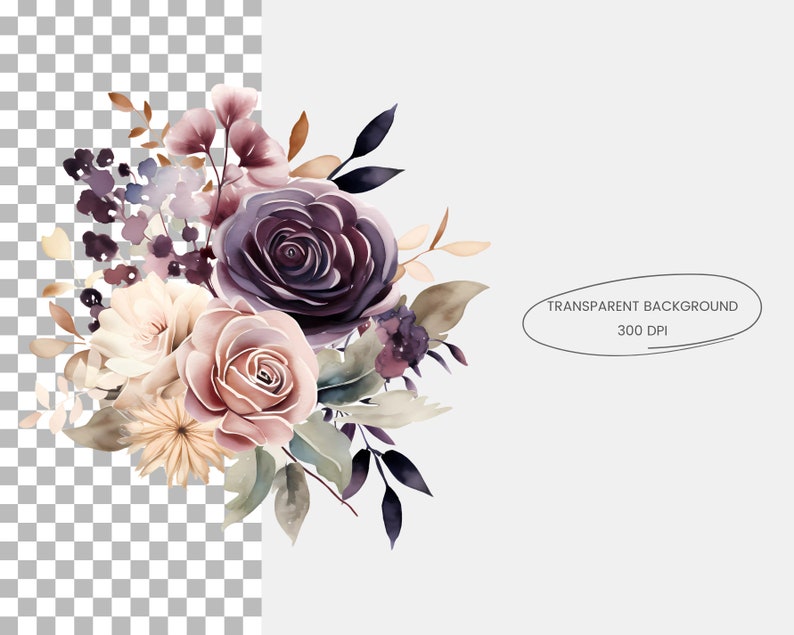 61 Plum and Beige Flowers PNG, Watercolor Floral Clipart Bouquets, Elements, Premade Clipart, Commercial Use, Digital Clipart PNG Flowers image 7