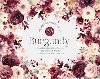 76 Burgundy Flowers PNG, Watercolor Floral Clipart Bouquets, Elements, Premade Clipart, Commercial Use, Digital Clipart PNG - Flowers