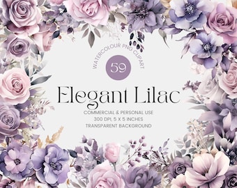 59 Purple Lilac Flowers PNG, Watercolor Floral Clipart Bouquets, Elements, Premade Clipart, Commercial Use, Digital Clipart PNG - Flowers
