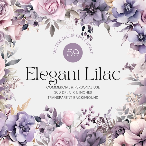 59 Purple Lilac Flowers PNG, Watercolor Floral Clipart Bouquets, Elements, Premade Clipart, Commercial Use, Digital Clipart PNG - Flowers