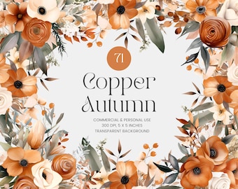 71 Copper Autumn Flowers PNG, Watercolor Floral Clipart Bouquets, Elements, Premade Clipart, Commercial Use, Digital Clipart PNG - Flowers