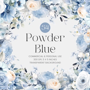 54 Powder Blue Flowers PNG, Watercolor Floral Clipart Bouquets, Elements, Premade Clipart, Commercial Use, Digital Clipart PNG - Flowers