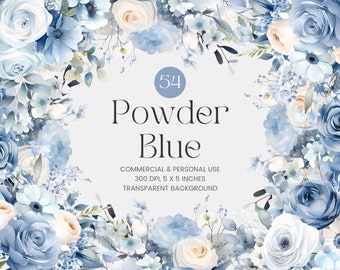54 Powder Blue Flowers PNG, Watercolor Floral Clipart Bouquets, Elements, Premade Clipart, Commercial Use, Digital Clipart PNG - Flowers