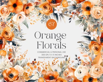 Watercolor Orange Flowers, 67 Watercolor Floral Clipart Bouquets, Elements, Premade Clipart, Commercial Use, Digital Clipart PNG - Flowers