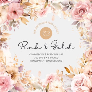 62 fleurs roses et or PNG, aquarelle Floral Clipart Bouquets, éléments, Premade Clipart, usage Commercial, Digital Clipart PNG - fleurs