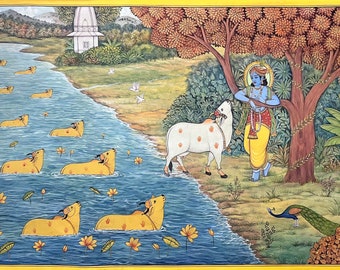 Krishna's Serenade by the Yamuna - Handmade Painting (Unframed - 65.5 x 44 inches)