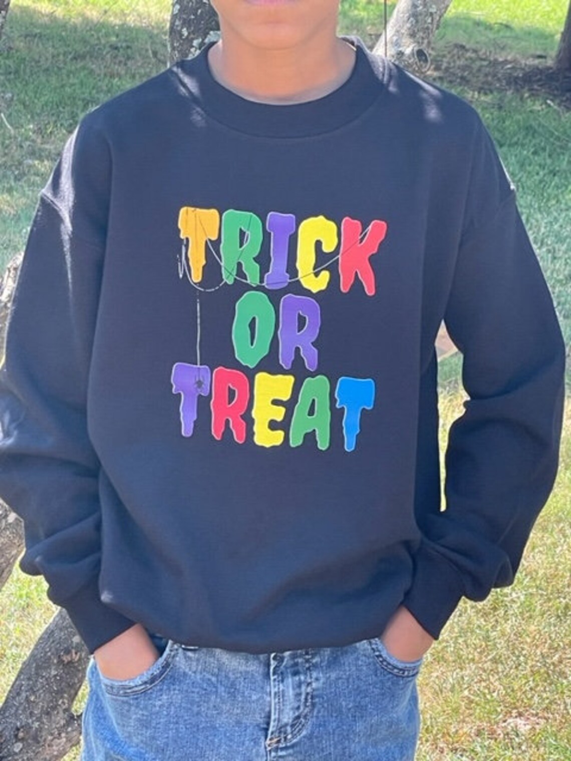 Kids Trick or Treat Sweatshirt Pullover, Kids Creepy Sweater, Halloween