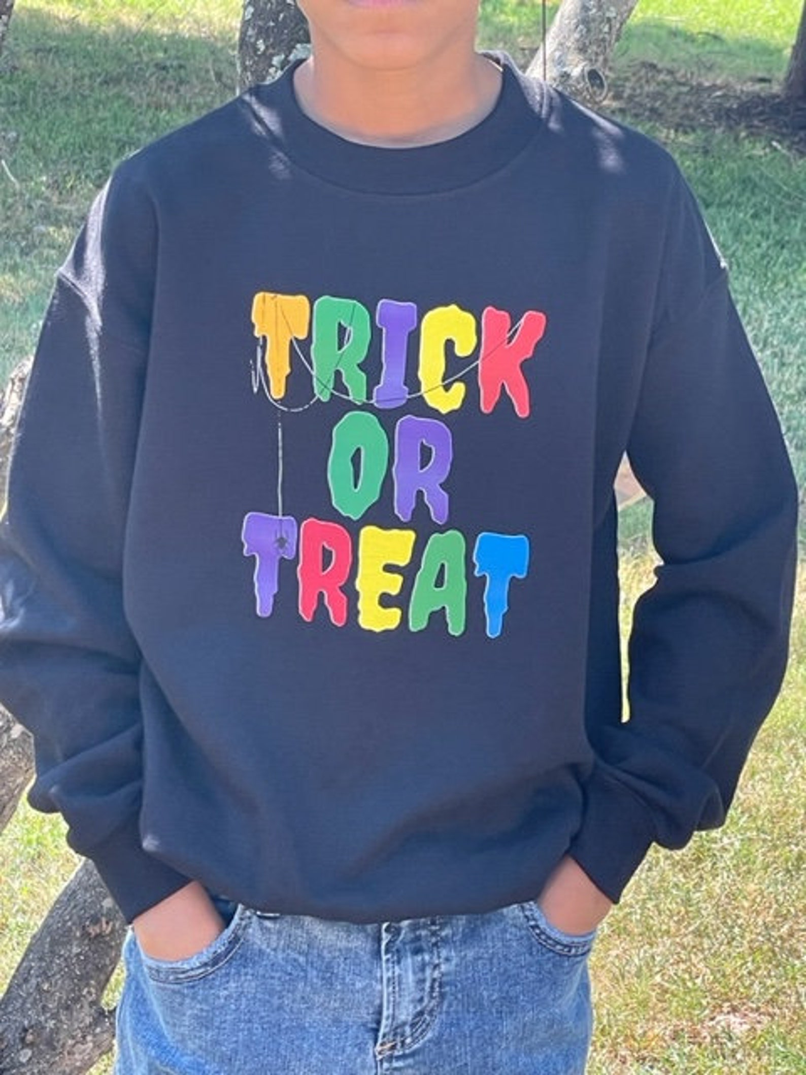 Kids Trick or Treat Sweatshirt Pullover, Kids Creepy Sweater, Halloween
