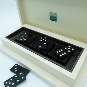 Luxury Ebony & Mammoth Ivory Domino Set – Ghiso White Lacquered Box with Nubuck Calfskin Interior