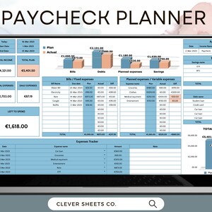 May include: A blue and white computer screen displaying a budget planner spreadsheet with the title "Paycheck Planner". The spreadsheet includes sections for income, expenses, savings, and debts. The spreadsheet also includes a graph showing the planned and actual income and expenses.
