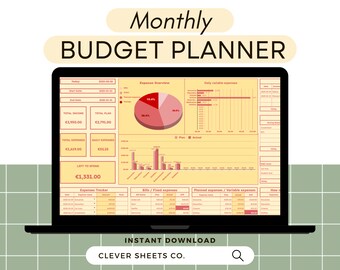 May include: A laptop screen displaying a monthly budget planner template with a yellow background and red accents. The template includes sections for total income, total planned expenses, total expenses, daily expenses, left to spend, expense tracker, bills and fixed expenses, and planned expenses and variable expenses. The template also includes a pie chart and bar graphs. The text on the screen reads "Monthly Budget Planner", "Total Income", "Total Plan", "Total Expenses", "Daily Expenses", "Left to Spend", "Expense Tracker", "Bills/Fixed expenses", "Planned expenses/Variable expenses", and "Instant Download".
