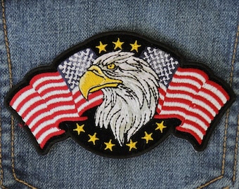 Bald Eagle Patch with Two American Flags and Golden Stars Embroidered, sew on or iron on for Jackets, Jeans, Vests. Large and small sizes