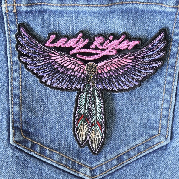 Lady Rider Patch Pink and Purple Winged Feathered, iron on or sew on for Jackets, Jeans, and Vests. Small and Large