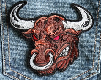 Angry Bull Patch, Brown Bull with Red Eyes and Bull Nose Ring, Small Size for Jeans, Large Size for Jackets and Vests. Iron on or Sew on