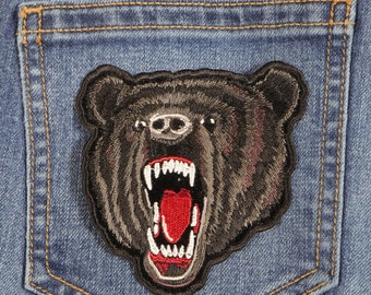 Brown Bear Patch, angry and snarling Large and Small sizes, sew on or iron on for Jeans, Jackets, or Vest