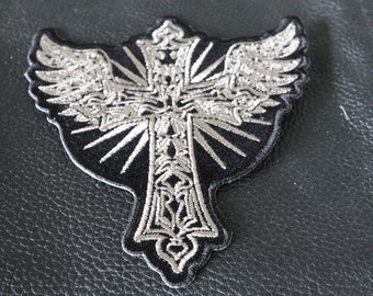 Vintage Cross Patch Winged Black and White Cross patch, sew on or iron on for Jackets, Jeans, and Vests. Small and Large sizes available