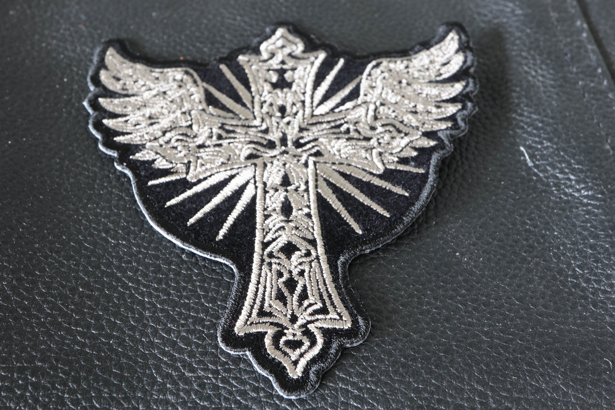 4 Metallic Silver Black Gothic Crucifix Cross Iron on Patch 