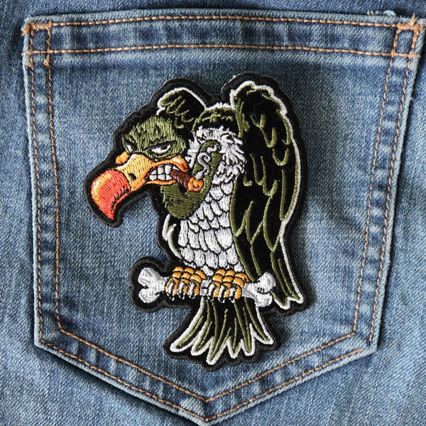 Green Vulture Patch smoking a Cigar perching on a Bone, sew or iron on patch for Vests, Jackets, and Jeans. Small and Large