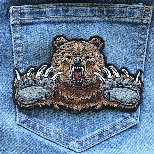 Brown Bear Patch snarling with claws out for bikers, sew on or iron on patch for back of jeans, Vests and Jackets. Large and Small